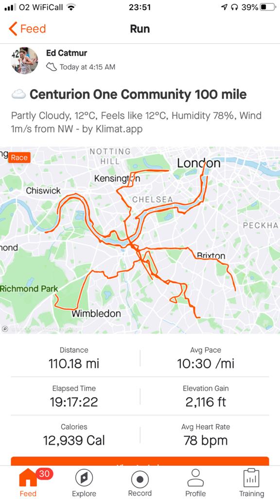 Strava route of Ed's 100 mile run